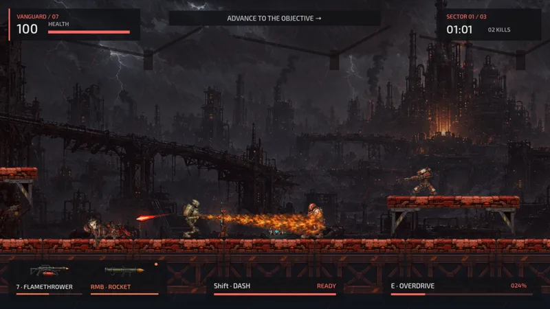 Flamethrower combat in an industrial foundry