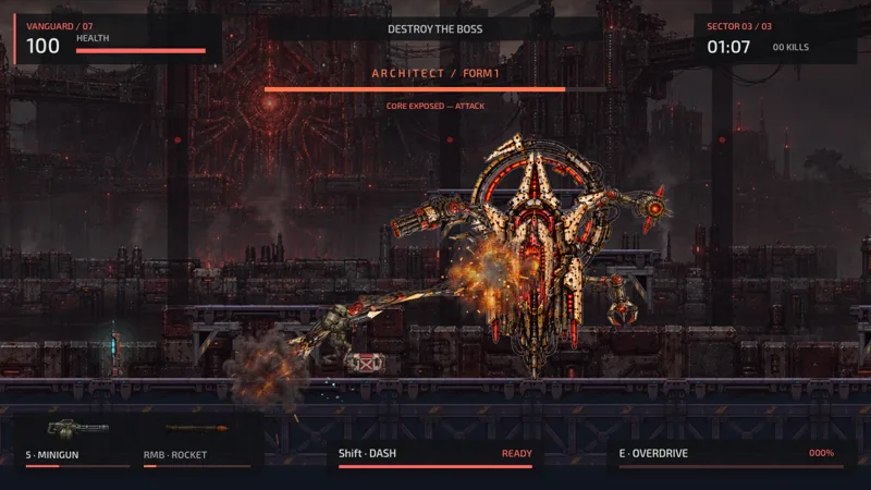 A battle with the Architect and his laser attacks