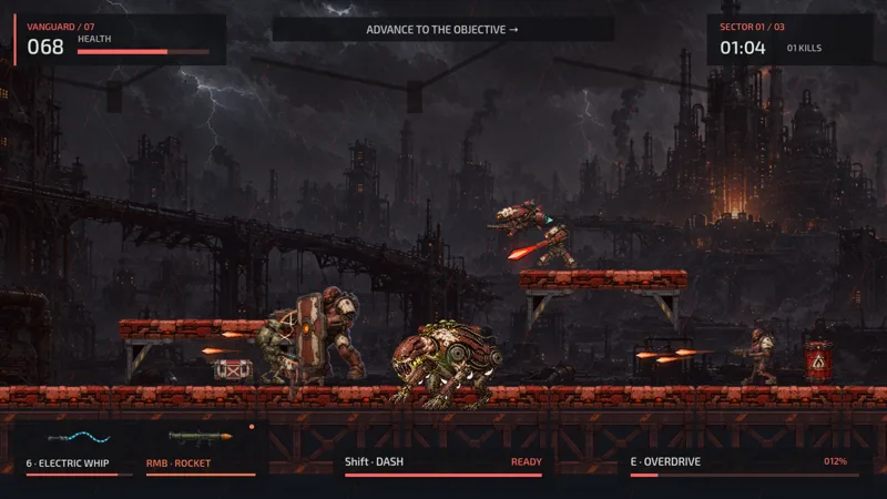 Vanguard fights armored enemies with an electric whip