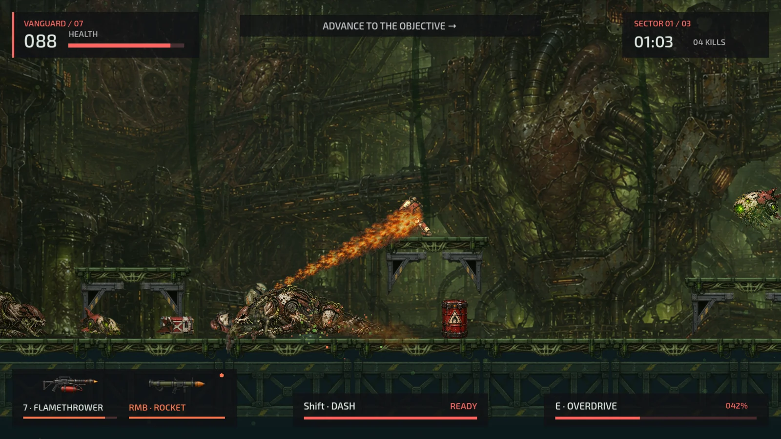 Vanguard burns through a green bioforge with his flamethrower