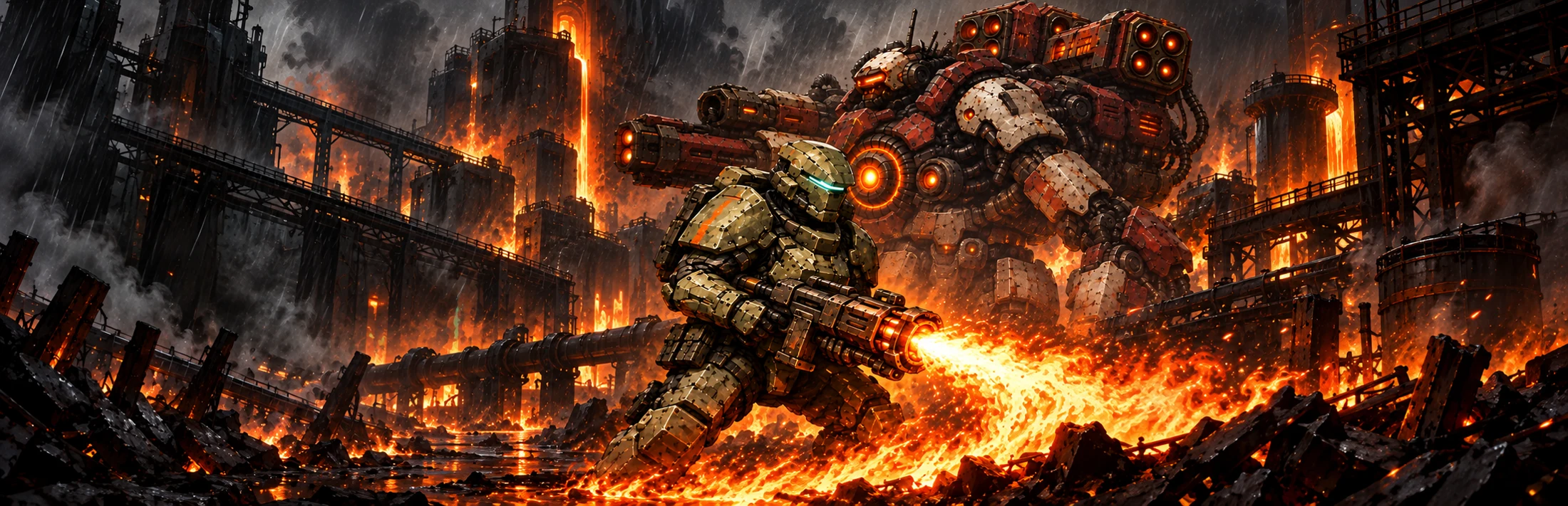 An armored soldier with a flamethrower faces a towering war machine in a burning industrial colony